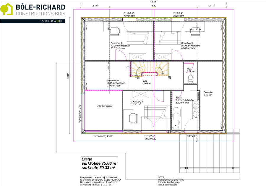 Plan étage d'une maison à ossature bois sur-mesure Bole Richard