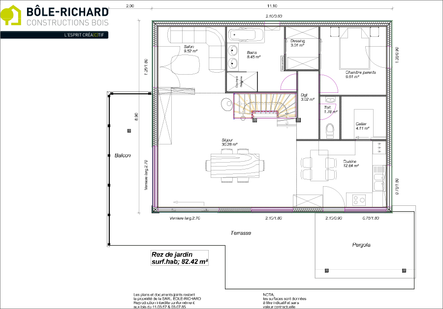 Plan rez-de-chaussée d'une maison à ossature bois sur-mesure Bole Richard